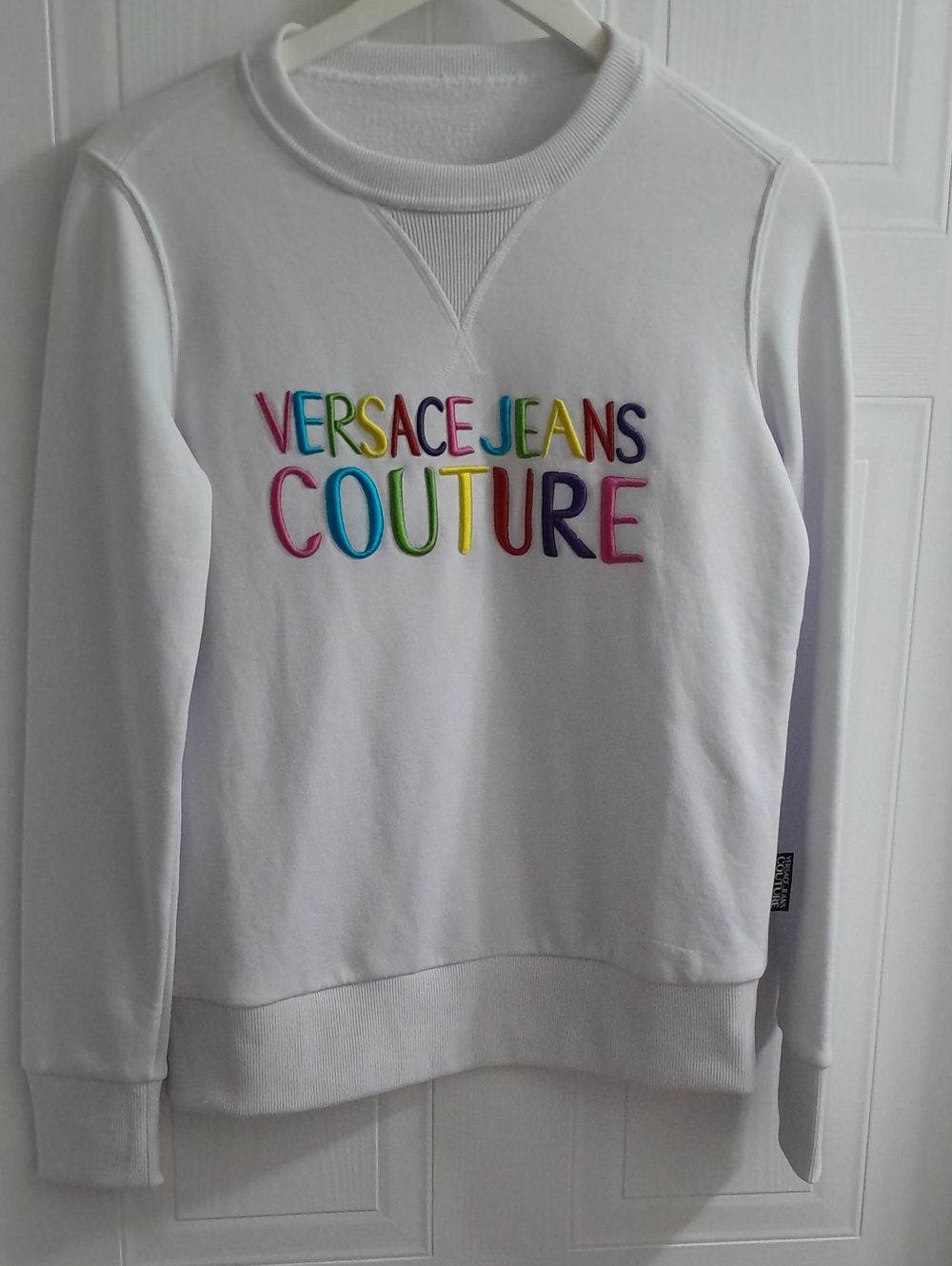 Versace Jeans Collection White Crewneck with Multicolor Embroidered Logo